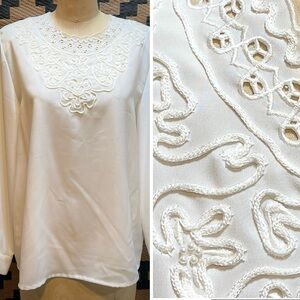 VINTAGE embroidered eyelet lace‎ blouse white delicate elegant minimalist 90s